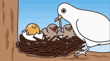 なぜか鳥の巣にいるぐでたまが母鳥からの餌付けを拒否する GIF