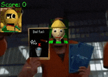 a man is playing a video game with a score of 0 and a sign that says bad fuel .