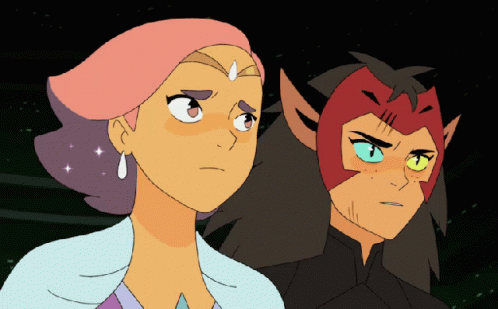 Gif from Netflix's She-ra showing Glimmer and Catra eyeing each other worriedly