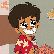 a cartoon of a boy holding a fork in front of a pile of food with a nick logo behind him