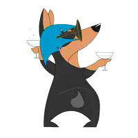 a cartoon dog wearing a blue helmet and sunglasses holds a glass of champagne