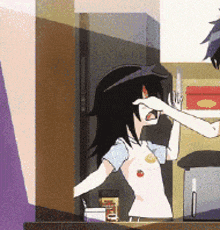 a cartoon of a girl covering her nose with her hand while a man looks on