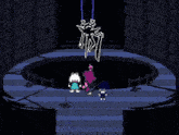 a group of people are standing in front of a blue waterfall .