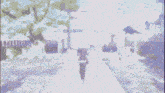 a painting of a person walking down a path in front of a building