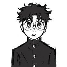 a black and white drawing of a boy with glasses and a surprised look on his face .