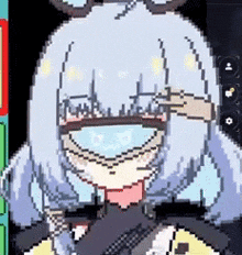 a pixel art drawing of a girl wearing glasses and a mask .