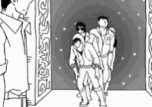 a black and white drawing of a group of people standing next to each other