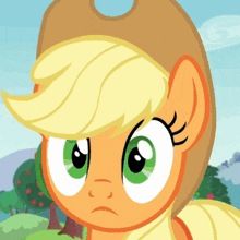 a close up of a cartoon pony with a sad look on her face