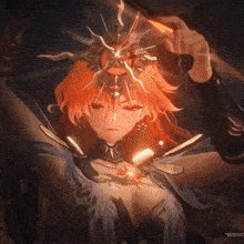a girl with red hair and a crown on her head is holding a sword .