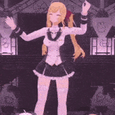 a girl in a white and black outfit with a bow on her hair
