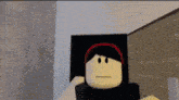 a cartoon character with black hair and a red headband is standing in a room with a wooden floor .