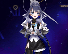 a girl with a clock on her head is standing in front of a clock that says xii on it