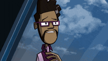 a cartoon character with glasses and a beard is looking out a window