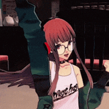 a girl wearing glasses and a tank top that says high high