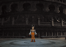 a cartoon character in orange overalls stands in front of a building