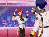 a couple of anime characters are standing next to each other and one of them is taking a picture of the other with his phone .