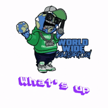 a cartoon character holding a microphone with the words what 's up below him