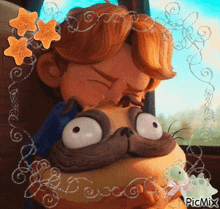 a man with a mustache is hugging a stuffed animal that looks like a cat .