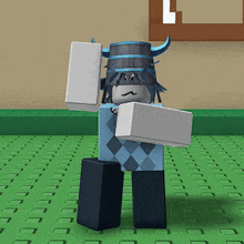 a cartoon character with horns is standing on a green tiled floor