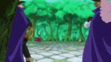 a couple of people in purple capes are standing in front of a forest