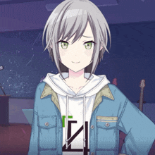 a girl with gray hair and green eyes is wearing a blue jacket and a white shirt with the letter n on it