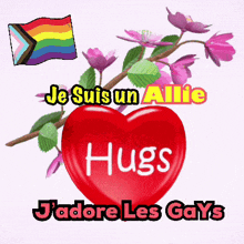 a red heart with hugs written on it