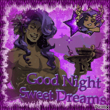 a picture of a man holding a bowl with the words good night sweet dreams on it