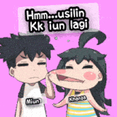 a boy and a girl are standing next to each other and the girl is named miun