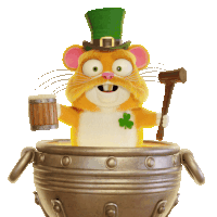 a cartoon hamster wearing a green hat and holding a wooden barrel and a hammer