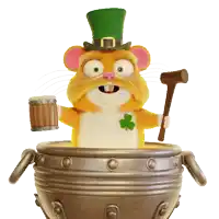 a cartoon hamster wearing a green hat and holding a wooden barrel and a hammer