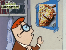 dexter from cn dexter 's laboratory is looking at a picture of a pizza