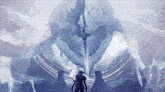 a woman is standing in front of a giant monster