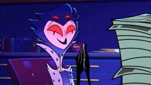 a cartoon character is sitting in front of a stack of paper