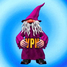 a gnome in a purple robe holds the word vpn in his hands