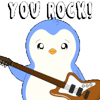 a penguin playing a guitar with the words " you rock " behind it