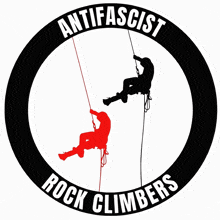 a logo for antifascist rock climbers shows two people hanging from ropes