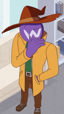 a cartoon character with a w on his face and a witch hat