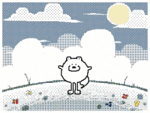 a pixel art of a dog standing in a field with flowers and a purple background .