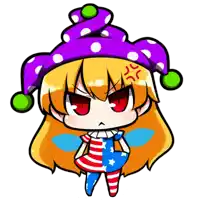 a cartoon drawing of a girl with a purple hat and red eyes