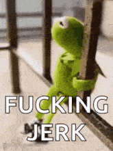 kermit the frog is sitting next to a railing and holding a pole .