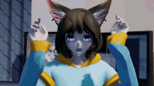 a girl with a cat ear headband is wearing a blue and yellow shirt