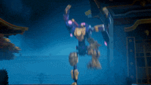 a blue and gold robot with a sword and a purple light
