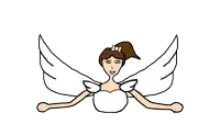 a drawing of a woman with white wings and a bow in her hair