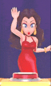 a woman in a red dress is standing in front of a yellow diamond