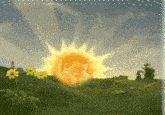 a painting of a sun rising over a field of sunflowers
