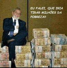 a man in a suit and tie is sitting on a pile of money ..