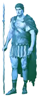 a statue of a man in armor holding a long spear