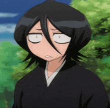 a cartoon character with black hair and white eyes is making a funny face