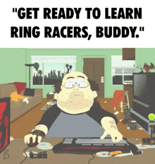 a cartoon of a man playing a video game with the caption " get ready to learn ring racers, buddy "