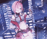 a pink haired anime girl is standing on a balcony